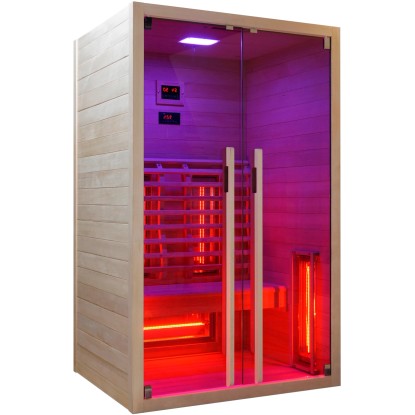 Sanotechnik Ruby 2 infra sauna pre 2 osoby, drevo hemlock so sklenenou prednou stranou a farebným svetlom.