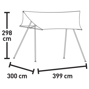 Nákres altánku Santee s rozmermi: výška 298 cm, šírka 399 cm, hĺbka 300 cm.