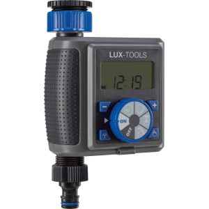 LUX-TOOLS Digitálny zavlažovací počítač EBC-8/1, sivý, s displejom a modrými ovládacími prvkami pre automatické zavlažovanie záhrady.