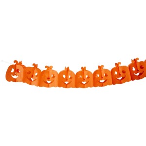Oranžová papierová Halloween girlanda s tekvicovými tvárami, 400 cm. Ideálna pre párty dekoráciu.