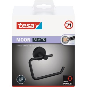 Balenie čierneho matného držiaka toaletného papiera Tesa Moon s lepiacim riešením.